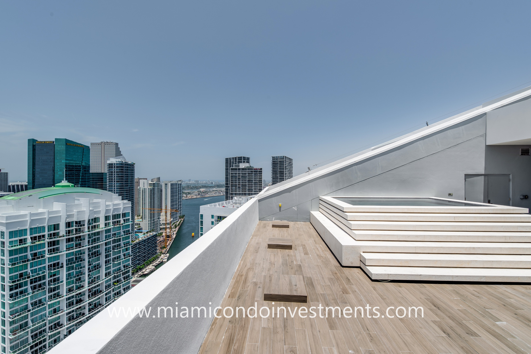 views of Miami River and Biscayne Bay from rooftop terrace